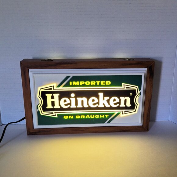 *SOLD* Heineken Beer Imported 12 Inch Backlit 1970 Wood Sign Tavern Trove Tested - Picture 1 of 11